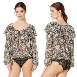 Free People Women’s Semi Sheer Multicolor Floral Bodysuit/Blouse, Size XS, NEW